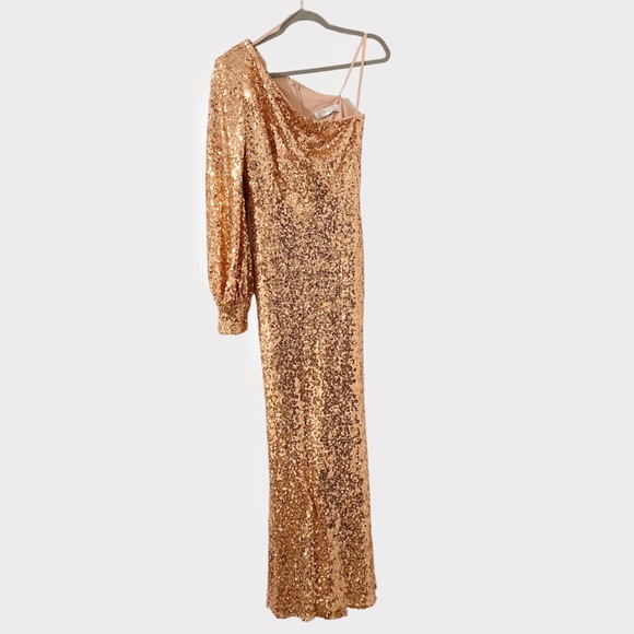Ieena Mac Duggal Sequin Rose Gold One Shoulder Bishop Sleeve Gown Size 8 NEW - Picture 4 of 12